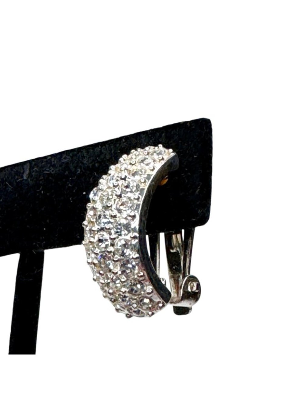 Vintage Rhinestone Pave Clip On Earrings Huggie Silver Tone Signed Roman - Picture 3 of 9